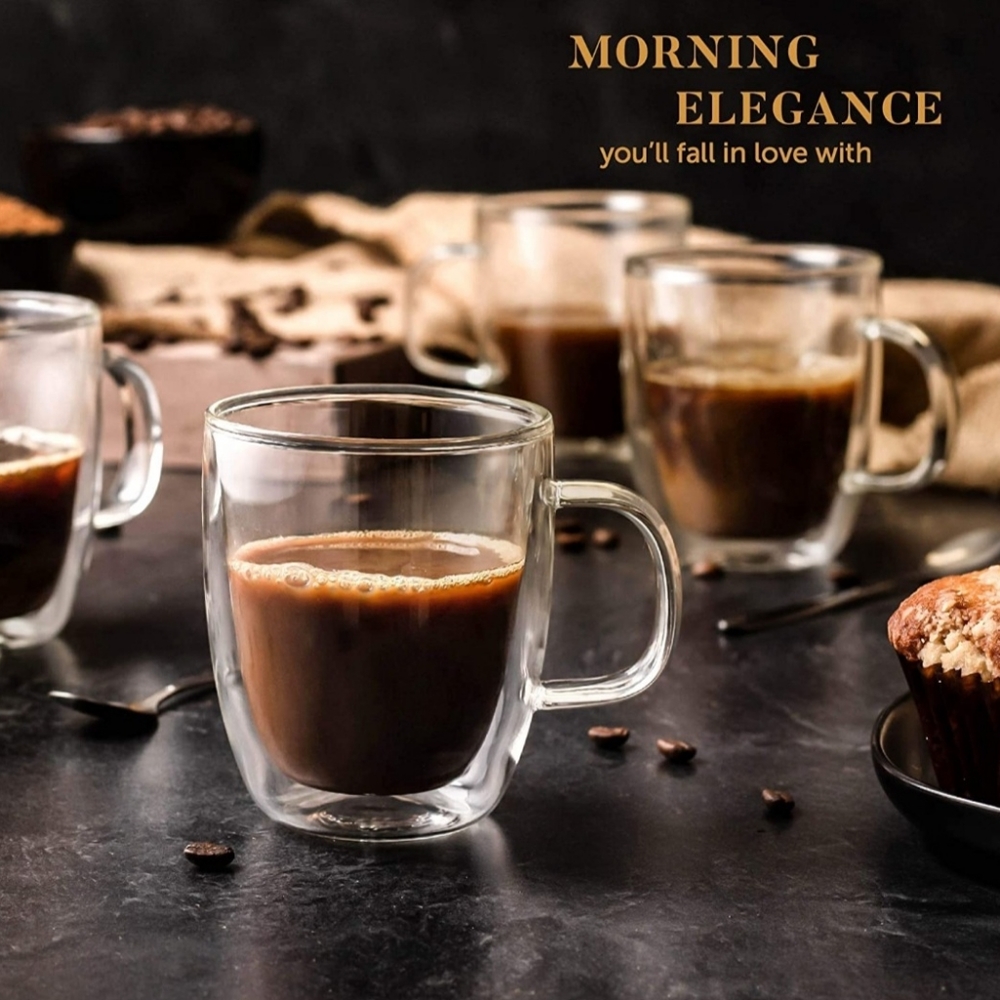 4 pcs Insulated hot/cold mugs glass gorgeous double walled mugs with silver sp…